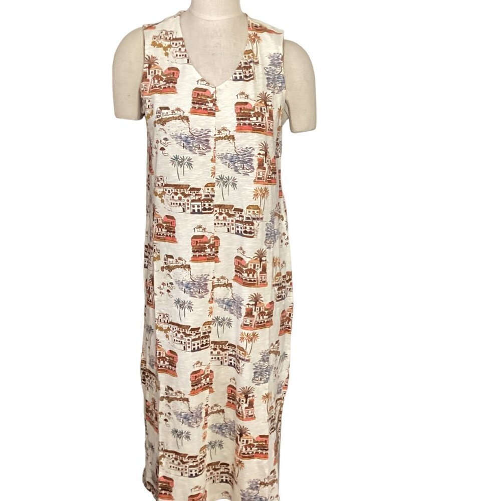 Naturals D&Co Sleeveless Tank Dress Novelty Beach Villa Print Sz MP 74L